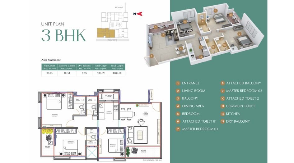 Urban-Soumitra-Floor-Plan-3 BHK-1086 Sqft